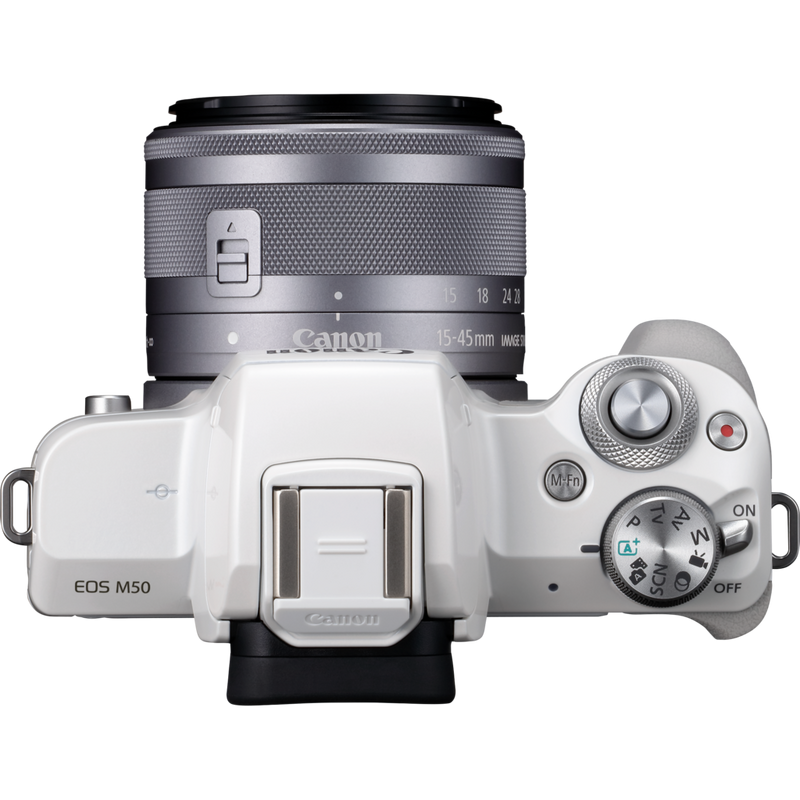 Canon EOS M50 White + EF-M 15-45mm IS STM Lens Silver Product Top View