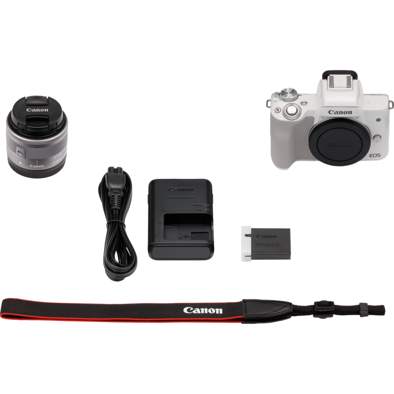Canon EOS M50 White + EF-M 15-45mm IS STM Lens Silver Product What's in the Box
