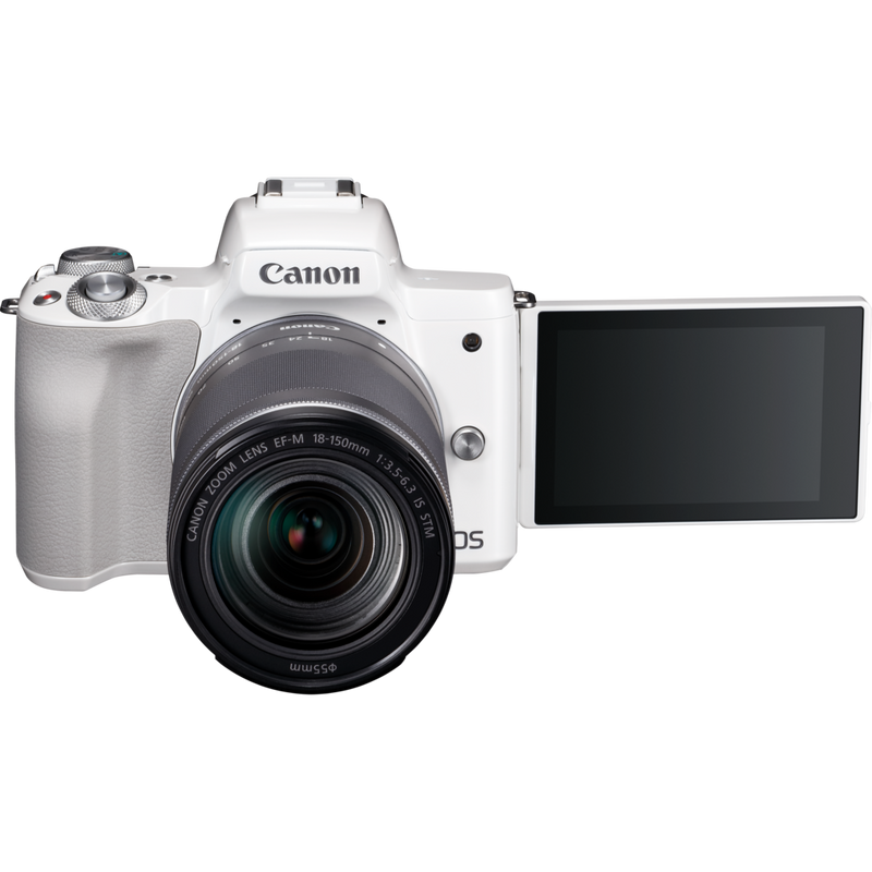 Boîtier Canon EOS M50 + Blanc EF-M 18-150mm IS STM – Argent Produits Vue avant avec l'écran orientable déployé