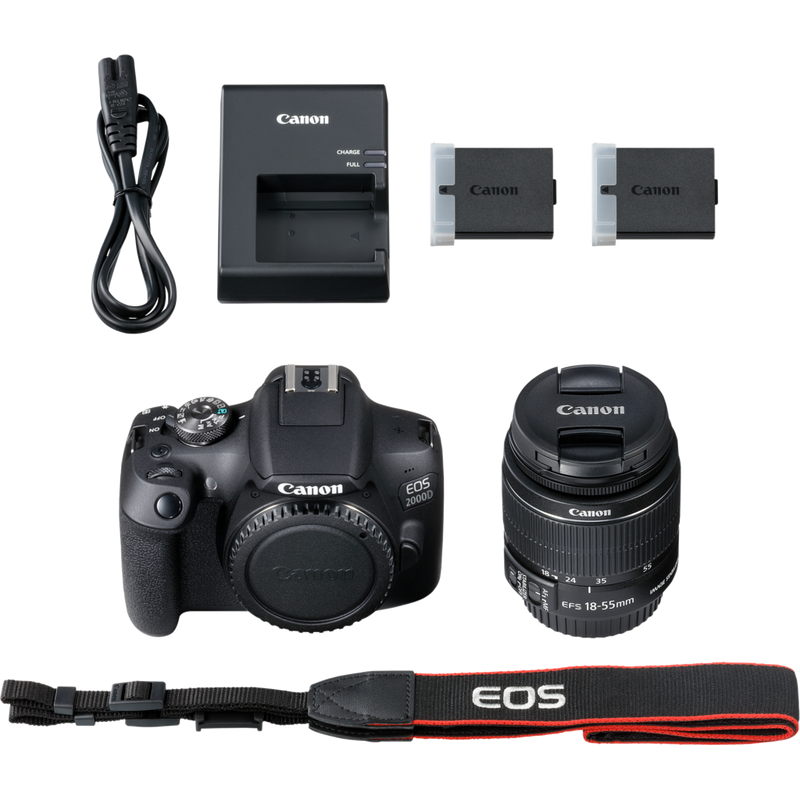 Canon EOS 2000D + Objectif EF-S 18-55mm IS II+ LP-E10 Produits Contenu de la boîte