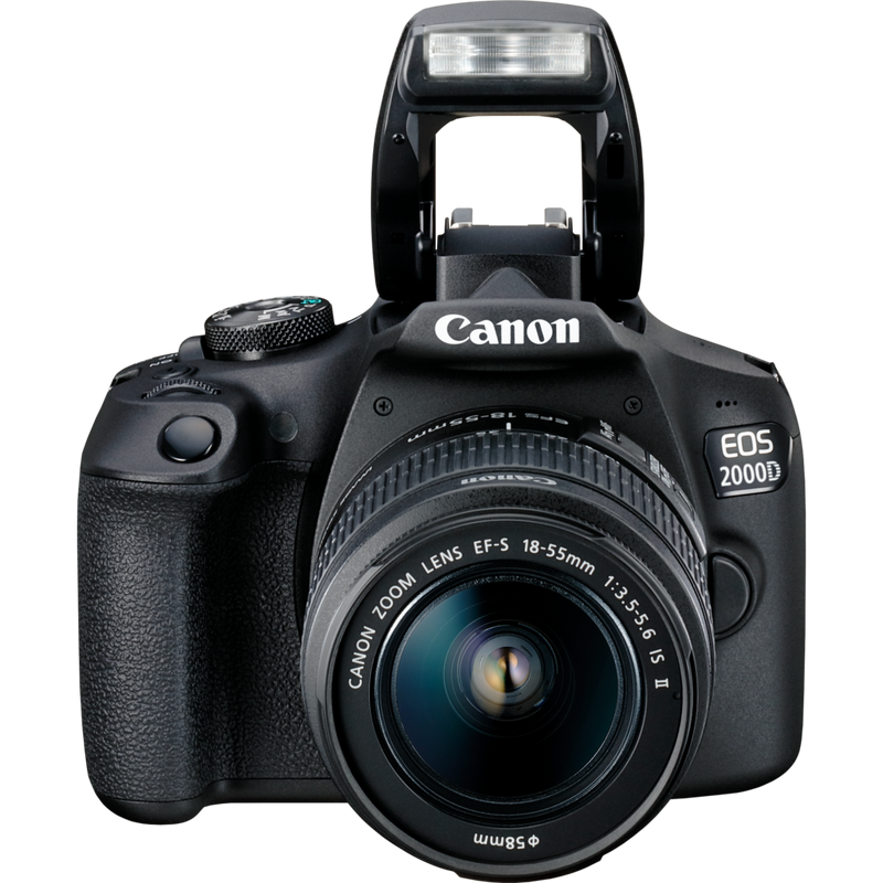 Canon EOS 2000D + EF-S 18-55mm IS II Lens + EF 75-300mm III Lens Product Front View With Flash Open
