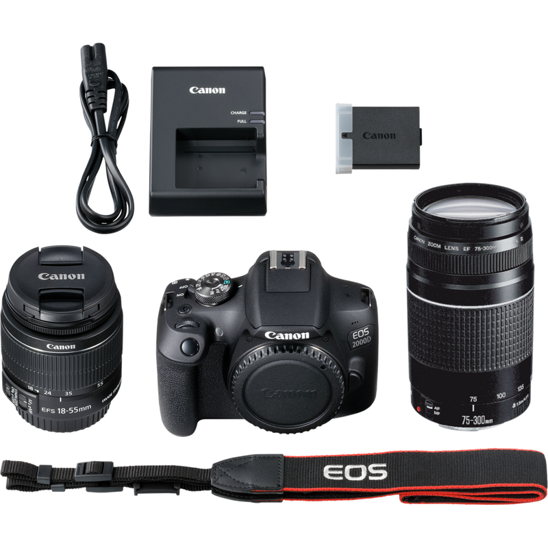 Canon EOS 2000D + EF-S 18-55mm IS II Lens + EF 75-300mm III Lens Product What's In The Box