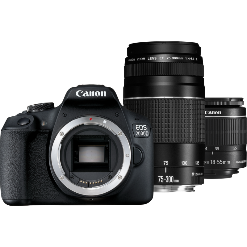 Canon EOS 2000D + EF-S 18-55mm IS II Lens + EF 75-300mm III Lens Product Front View With Lens