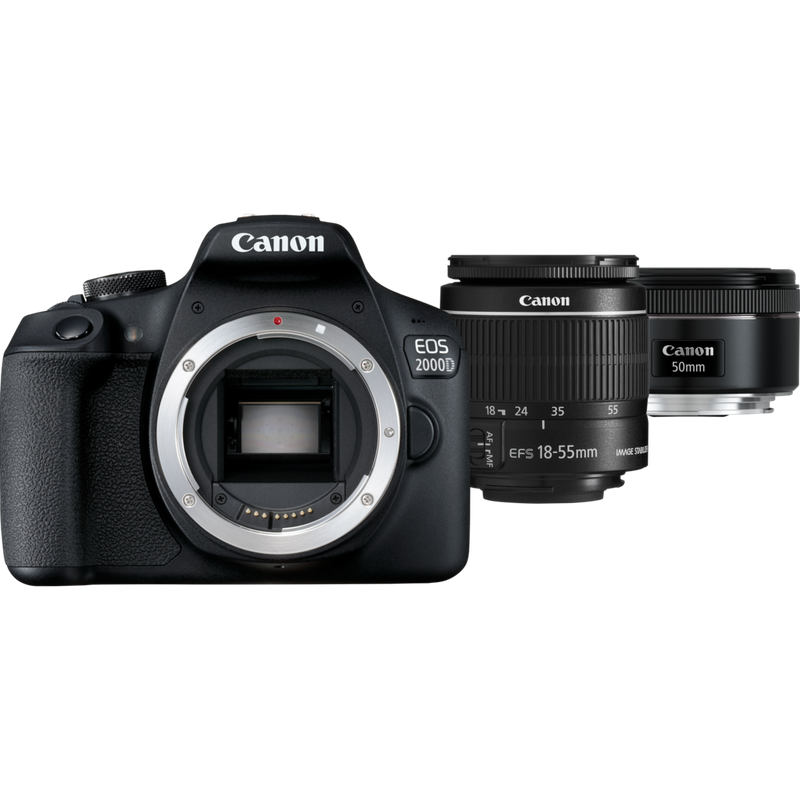 Canon EOS 2000D + Objectif EF-S 18-55mm IS II + Objectif 50mm STM Produits Vue avant avec objectif