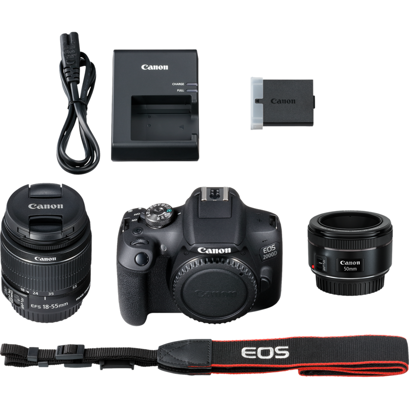 Canon EOS 2000D + Objectif EF-S 18-55mm IS II + Objectif 50mm STM Produits Contenu de la boîte