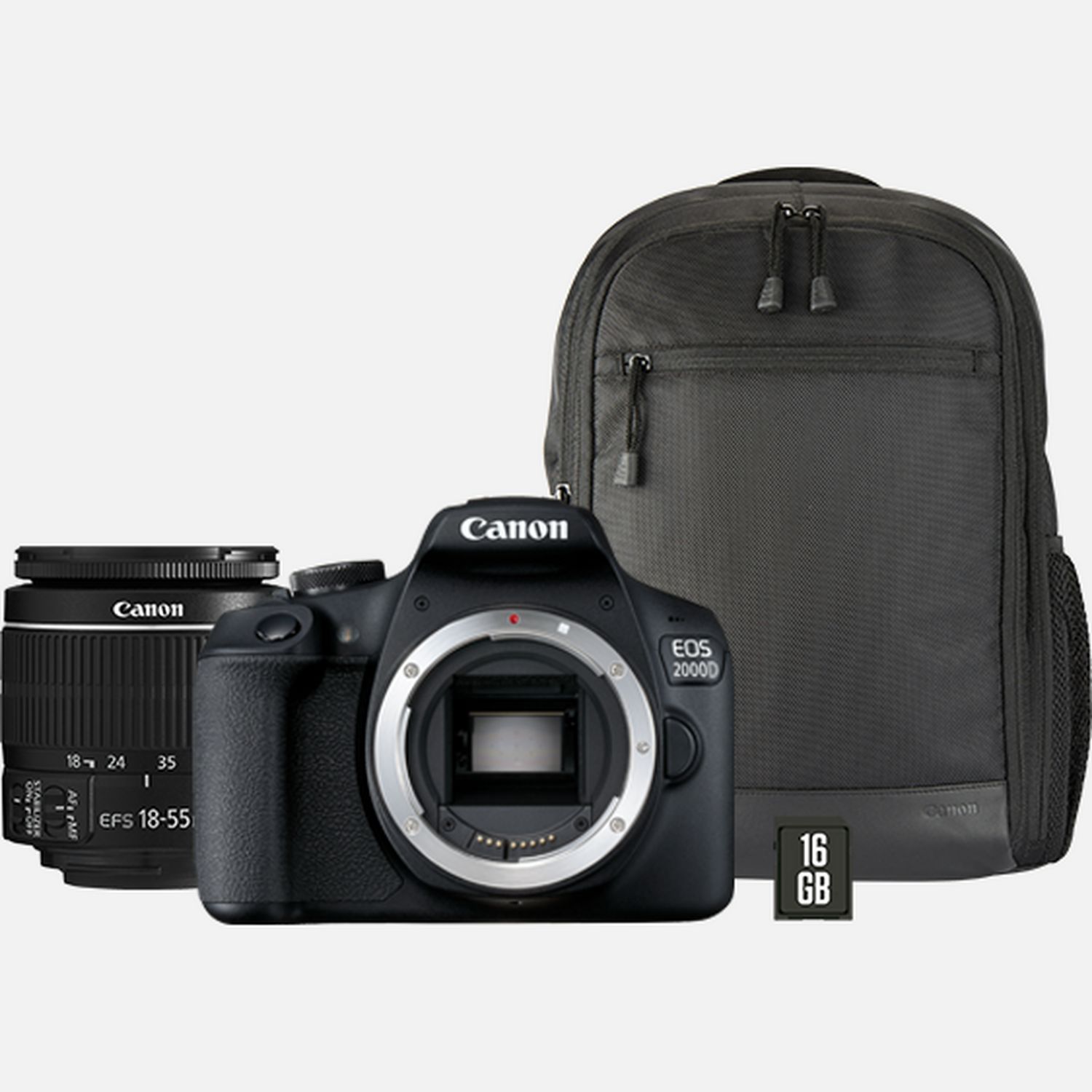 Objektiv in 18-55mm Canon EF-S + 2000D EOS Deutschland Rucksack II + Shop IS WLAN-Kameras Canon — SD-Karte +