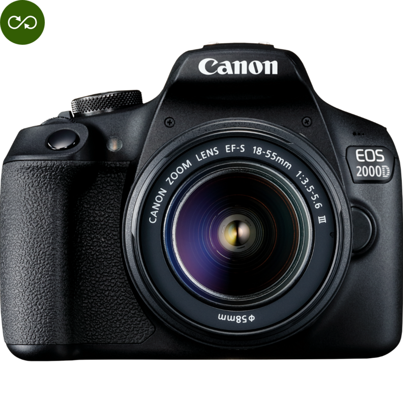 Canon Refurbished EOS 2000D Camera, Black + EF-S 18-55mm DC III Lens Product Front View with Lens Attached