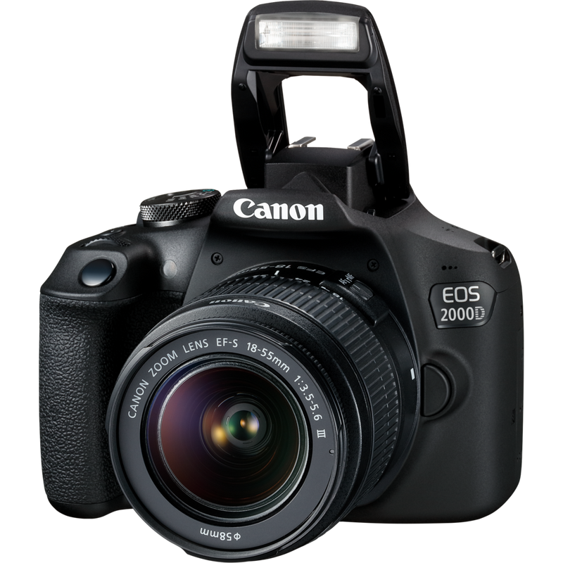 Canon Refurbished EOS 2000D Camera, Black + EF-S 18-55mm DC III Lens Product Front View with Flash