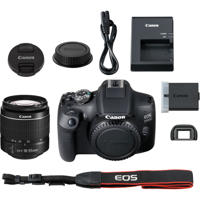 Canon Refurbished EOS 2000D Camera, Black + EF-S 18-55mm DC III Lens Product What's in the box