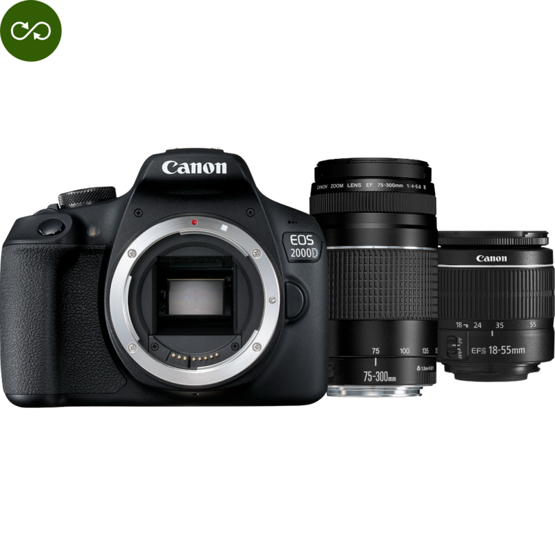 Canon Refurbished EOS 2000D Camera, Black + EF-S 18-55mm DC III Lens + EF 75-300mm III Lens Product Front View