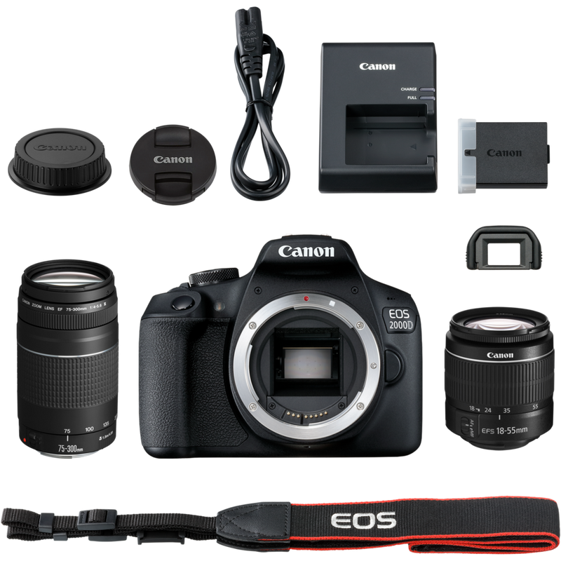 Canon Refurbished EOS 2000D Camera, Black + EF-S 18-55mm DC III Lens + EF 75-300mm III Lens Product What's in the box