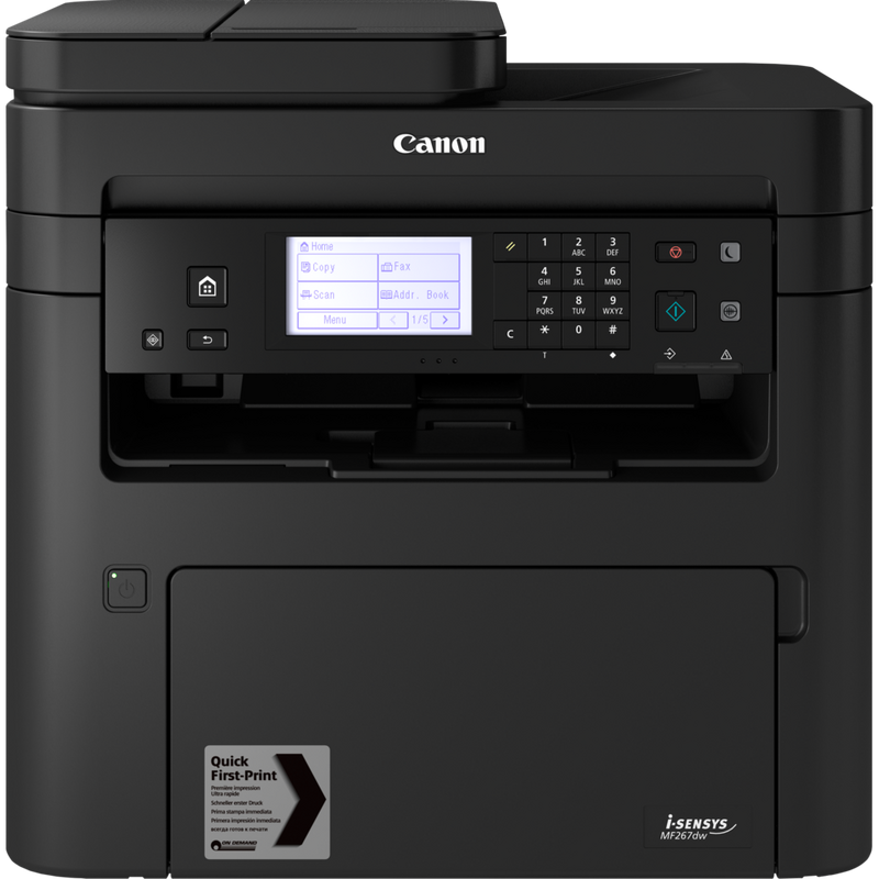Canon i-SENSYS MF267dw svartvit allt-i-ett-laserskrivare Produkt Vy framifrån med utdraget pappersutmaningsfack