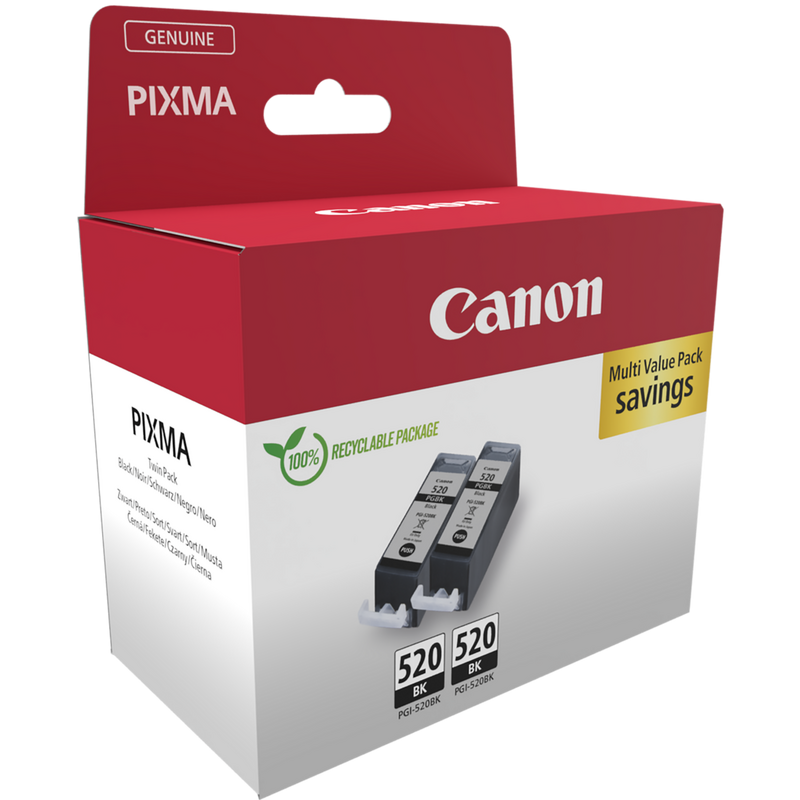 Canon PGI-520BK Black Ink Cartridge (Twin Pack) Product Package front angled view