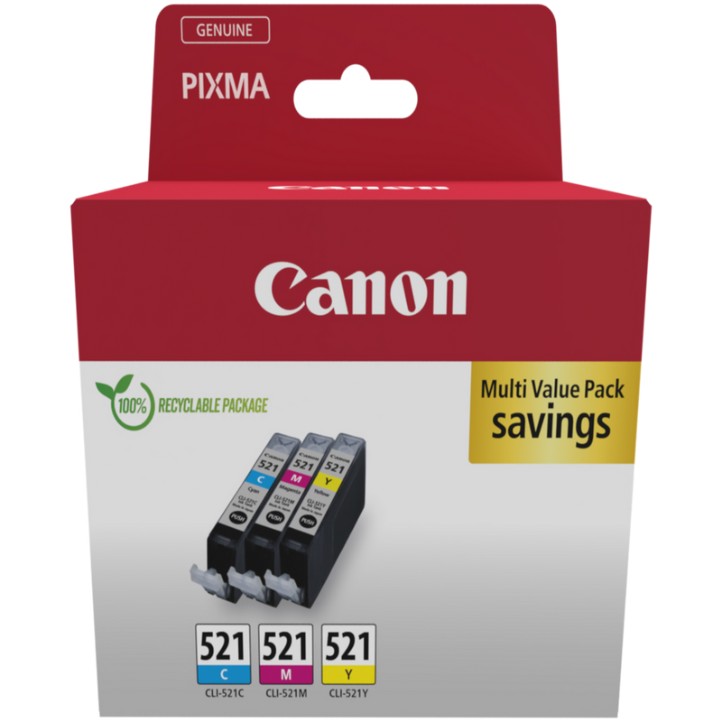 Canon CLI-521 C/M/Y Colour Ink Cartridge Multipack Product Package front view