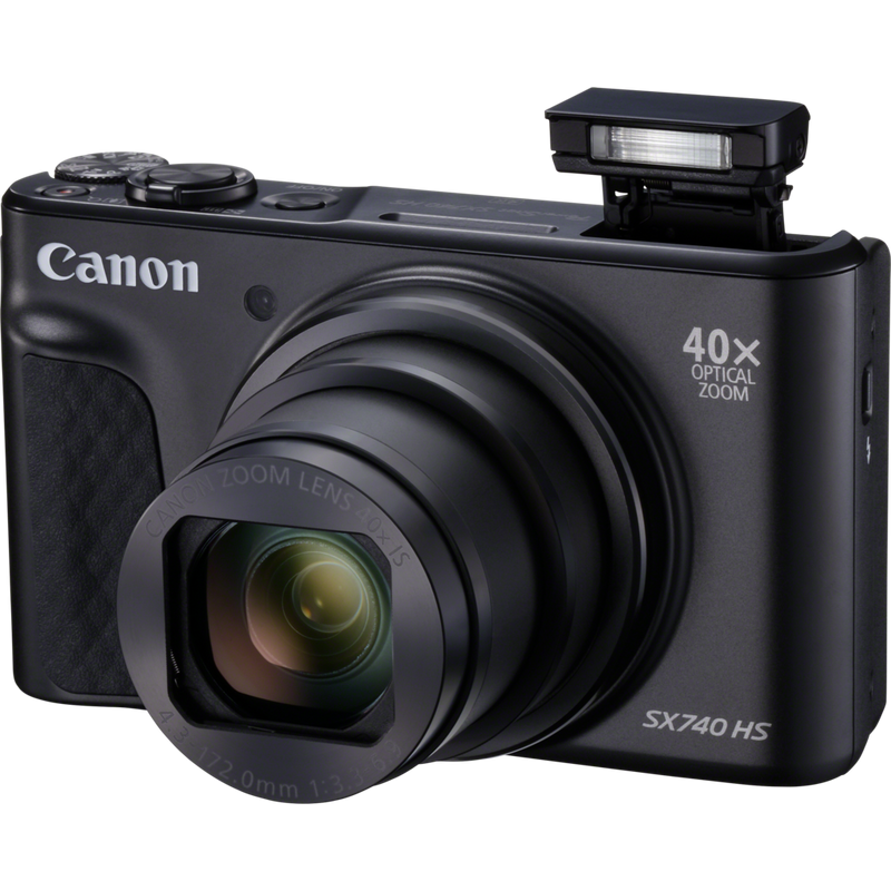 Canon PowerShot SX740 HS: negro Producto Vista frontal con el flash abierto