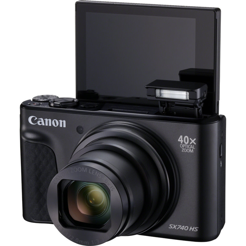 Canon PowerShot SX740 HS: negro Producto Vista frontal con el flash abierto