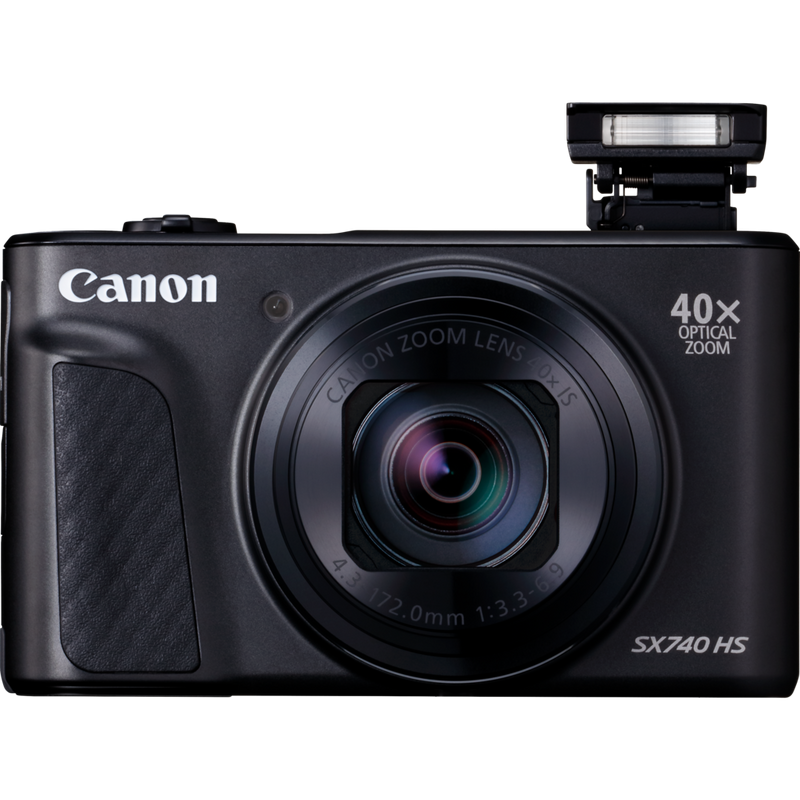 Canon PowerShot SX740 HS Lite Edition – Noir Produits Vue avant avec flash ouvert