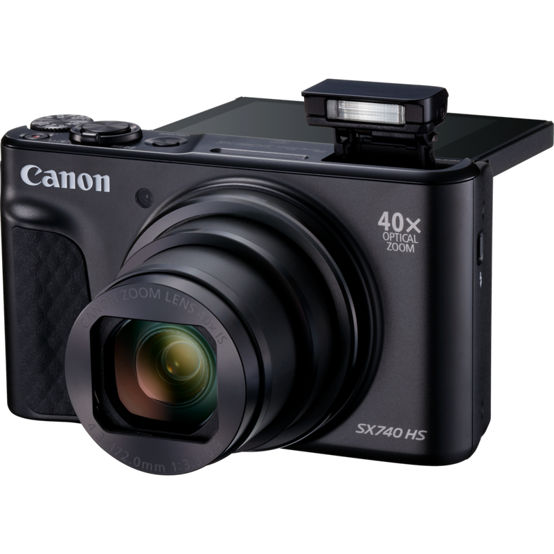 Canon PowerShot SX740 HS Lite Edition – Noir Produits Vue avant avec flash ouvert