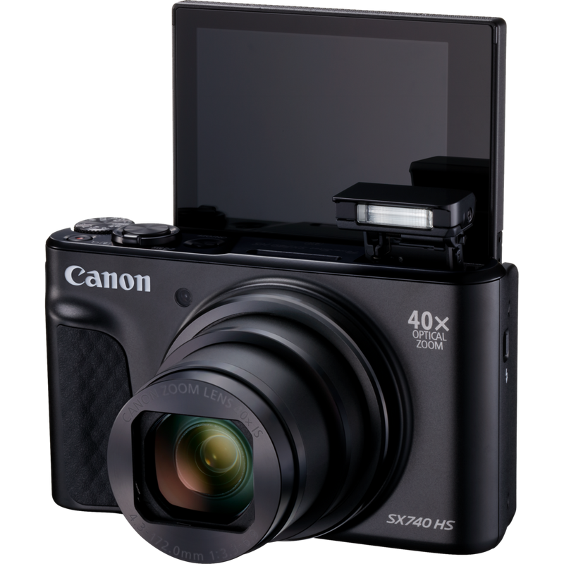Canon PowerShot SX740 HS Lite Edition – Noir Produits Vue avant avec flash ouvert