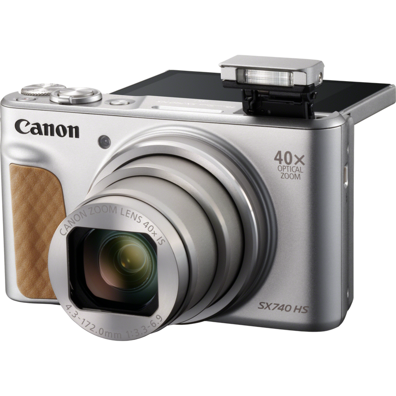 Canon PowerShot SX740 HS - Silver Product Front view with flash open