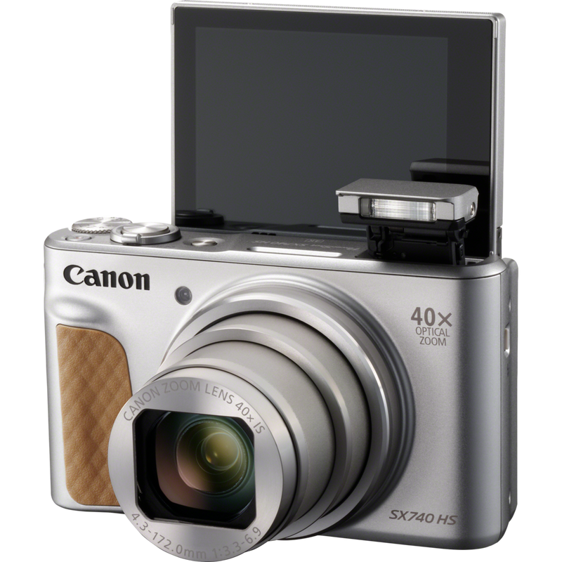 Canon PowerShot SX740 HS - Silver Product Front view with flash open