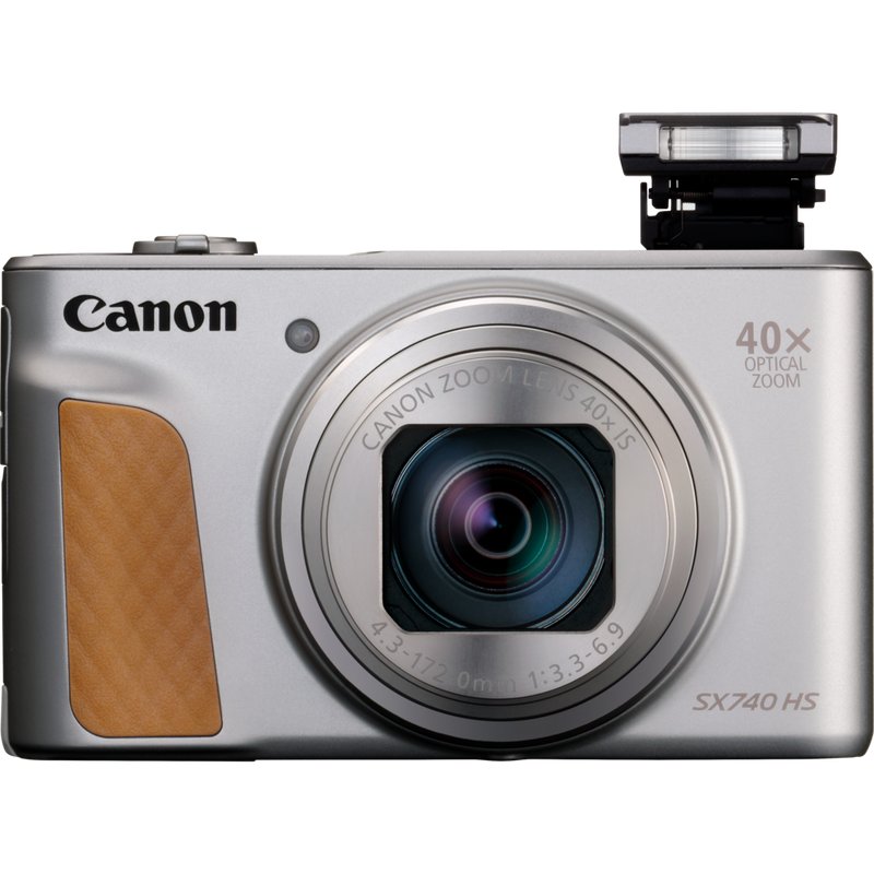 Canon PowerShot SX740 HS Lite Edition – Silver Product front view with flash open