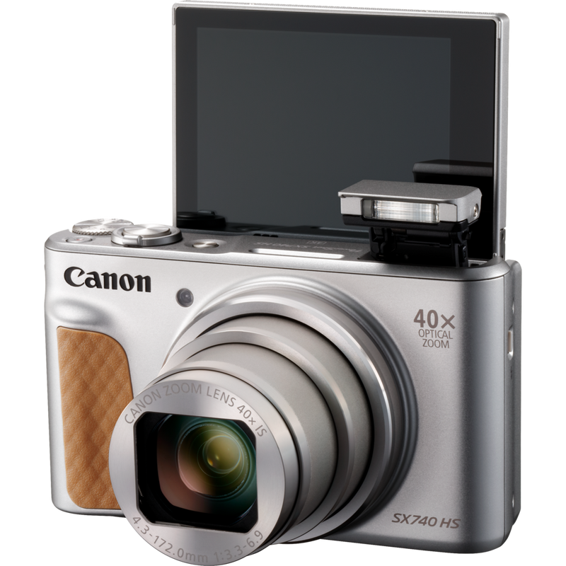 Canon PowerShot SX740 HS Lite Edition – Silver Product front view with flash open