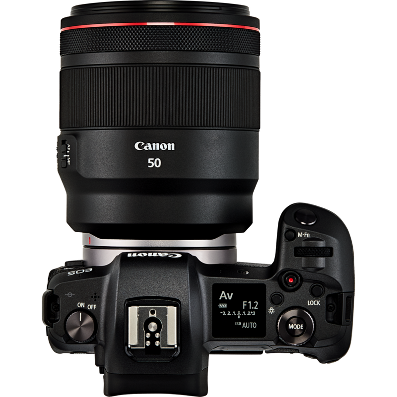 Canon RF 50mm F1.2L USM Lens Product Top View with a Camera