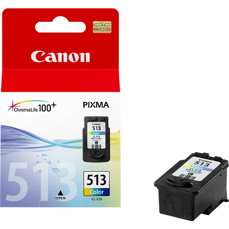 Cartouche d'encre couleur haute autonomie Canon CL-513 C/M/Y Produits Vue avant avec cartouche
