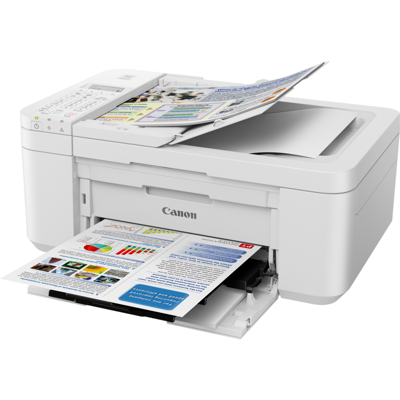 Canon PIXMA TR4551 4-In-One printer, White Product Front Slant View With Paper Tray Out And Paper Support