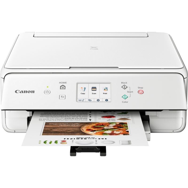 Multifonction 3-en-1 Canon PIXMA TS6251, Blanc Produit Vue avant, montrant le bac à papier déplié