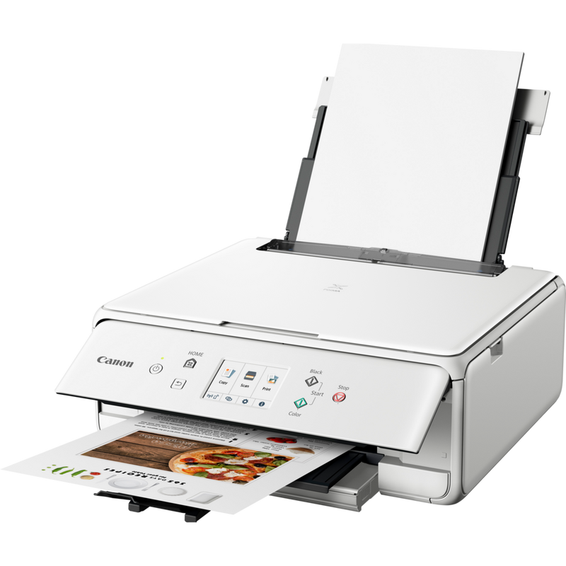 Multifonction 3-en-1 Canon PIXMA TS6251, Blanc Produit Vue avant inclinée, montrant le bac à papier déplié et le support papier