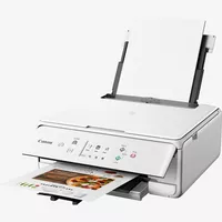 Canon PIXMA TS6251 All-In-One inkjet printer, White Product Front Slant View With Paper Tray Out And Paper Support