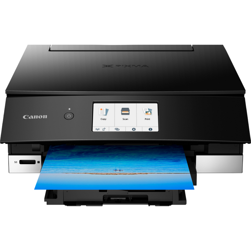 Impressora fotográfica multifunções Canon PIXMA TS8250, Preto Produto Vista frontal com o tabuleiro de papel aberto