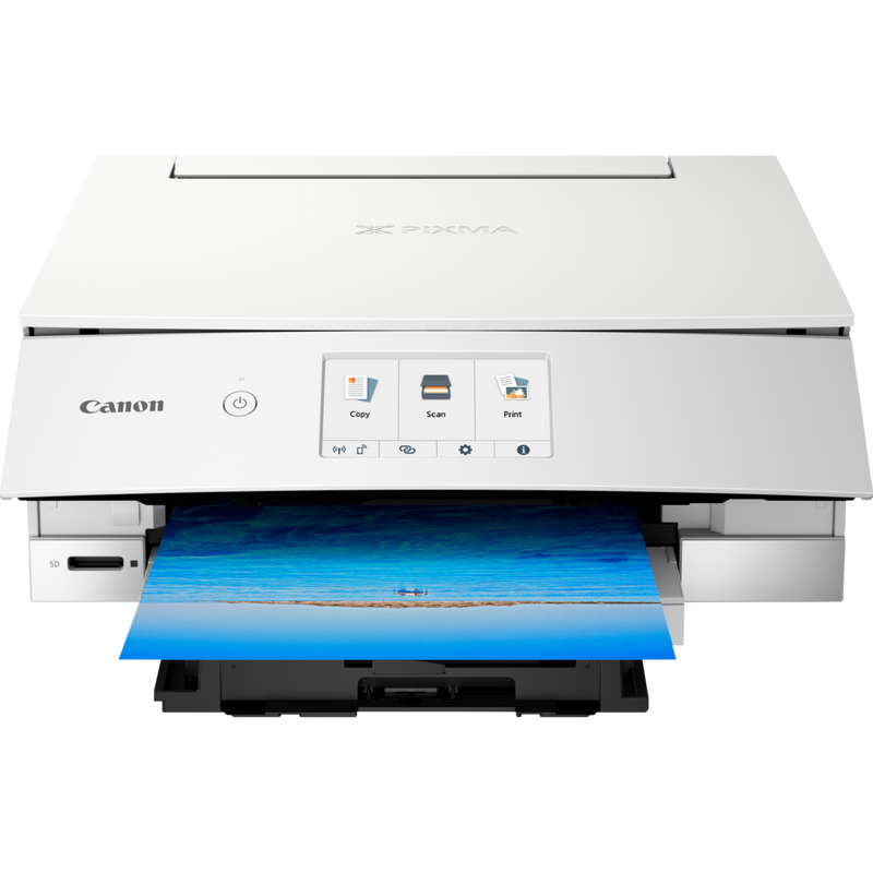 Impressora fotográfica multifunções Canon PIXMA TS8251, Branco Produto Vista frontal com o tabuleiro de papel aberto
