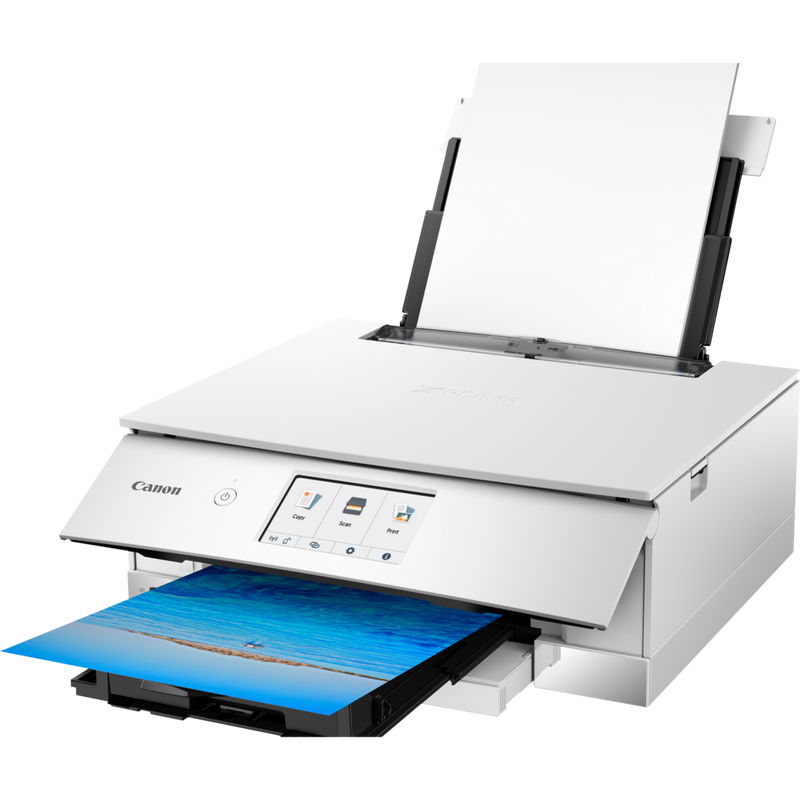 Impressora fotográfica multifunções Canon PIXMA TS8251, Branco Produto Vista frontal inclinada com o tabuleiro de papel aberto e o suporte de papel