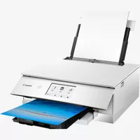 Imprimante photo multifonction Canon PIXMA TS8251, Blanc Produit Vue avant inclinée, montrant le bac à papier déplié et le support papier