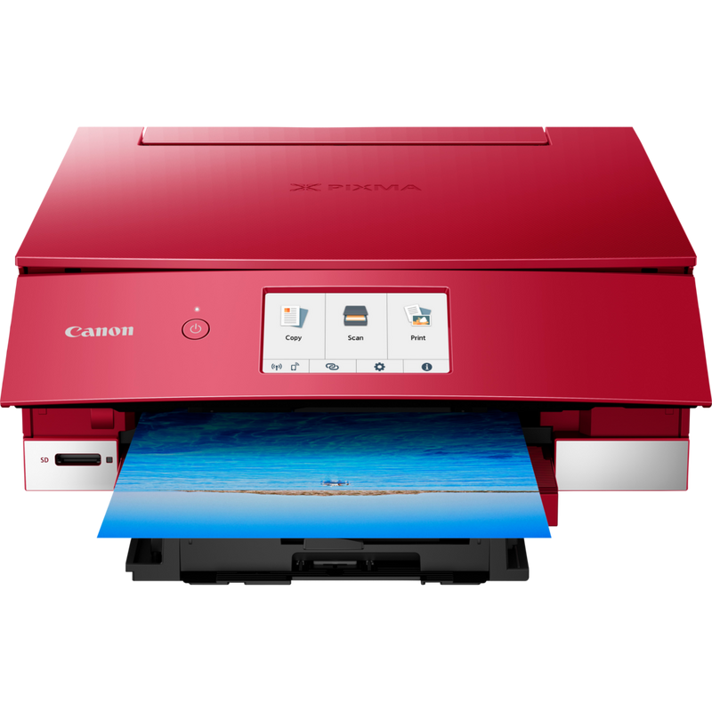 Impresora fotográfica multifunción PIXMA TS8252 de Canon, roja Producto Vista frontal con la bandeja de papel abierta
