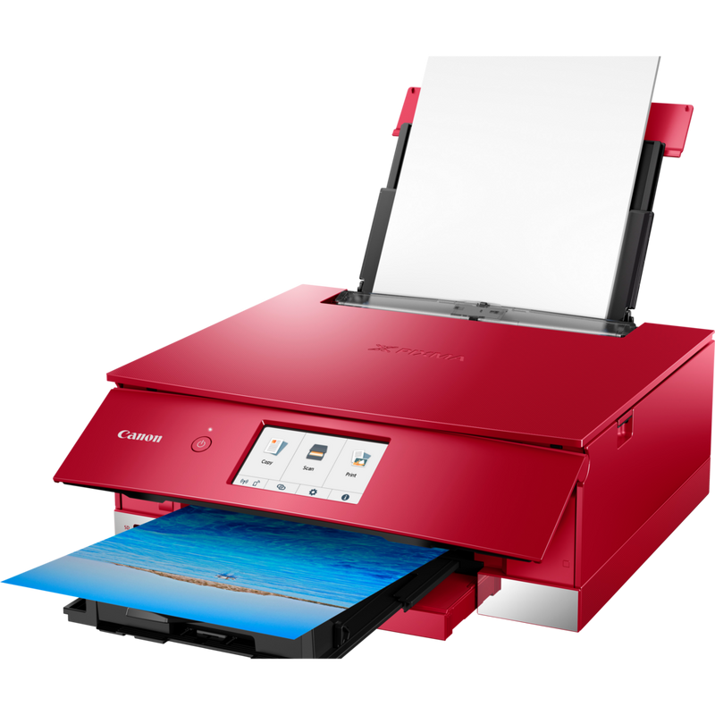 Impresora fotográfica multifunción PIXMA TS8252 de Canon, roja Producto Vista frontal inclinada con la bandeja de papel abierta y un soporte de papel