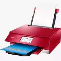 Multifonction 3-en-1 Canon PIXMA TS8252, Rouge Produit Vue avant inclinée, montrant le bac à papier déplié et le support papier