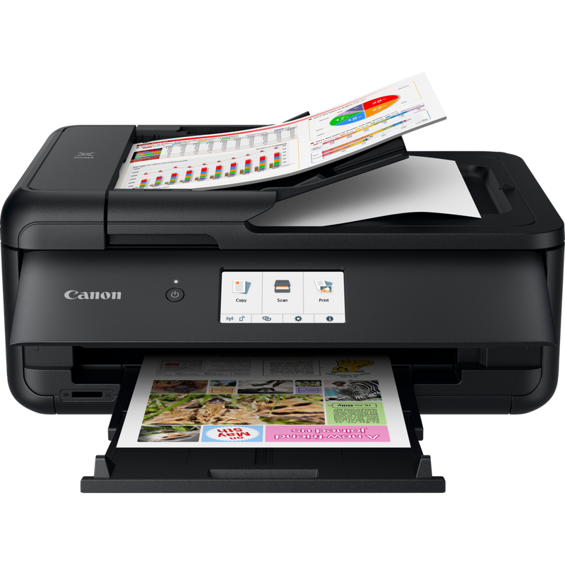 Canon PIXMA TS9550 Wireless A3 Colour All in One Inkjet Photo Printer, Black Product Front View With Paper Tray Out And Paper Support