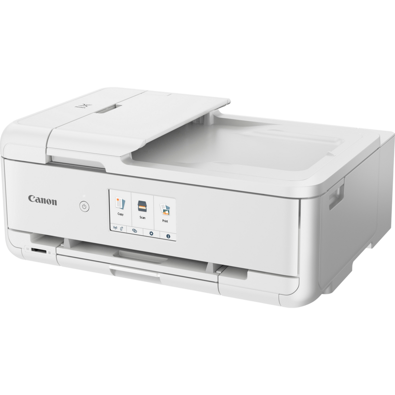 Canon PIXMA TS9551Ca trådløs alt-i-én-inkjet-fotoprinter til A3, hvid Produkt Set skråt forfra
