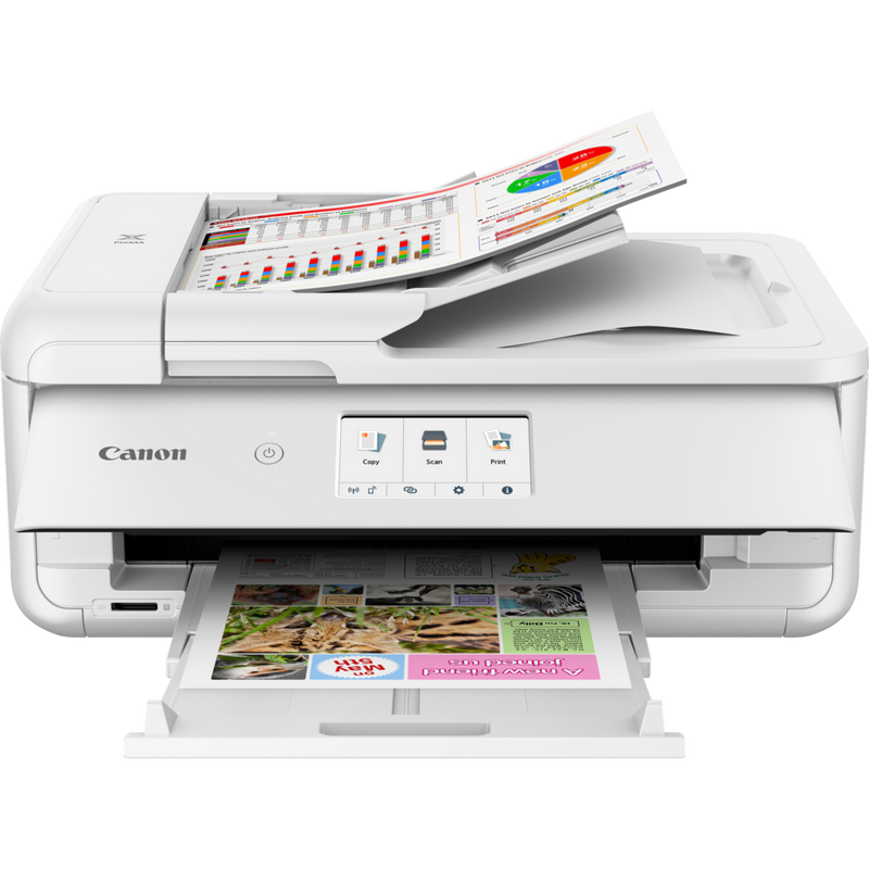 Canon PIXMA TS9551Ca trådløs alt-i-én-inkjet-fotoprinter til A3, hvid Produkt Set forfra med papirudbakke og papirstøtte