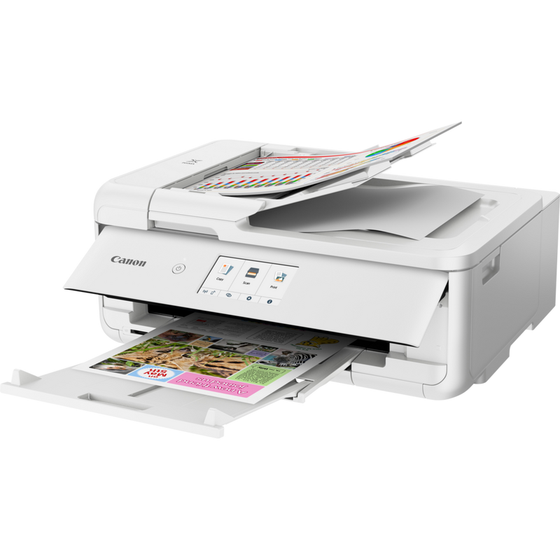 Canon PIXMA TS9551Ca trådløs alt-i-én-inkjet-fotoprinter til A3, hvid Produkt Set skråt forfra med papirudbakke og papirstøtte