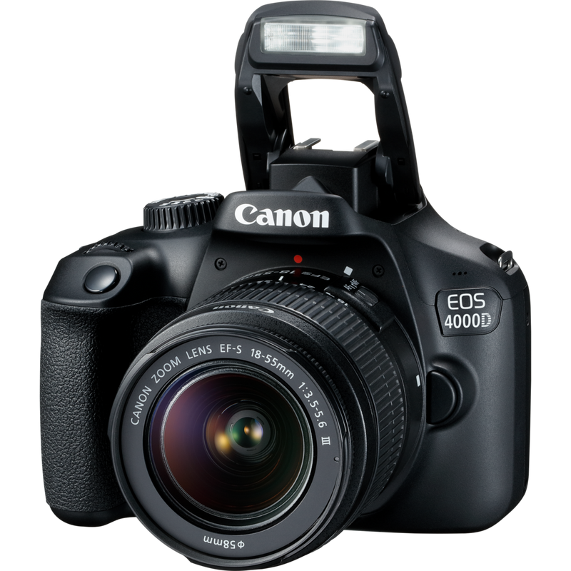 Canon EOS 4000D + Objectif EF-S 18-55mm III Produits Vue avant avec flash ouvert