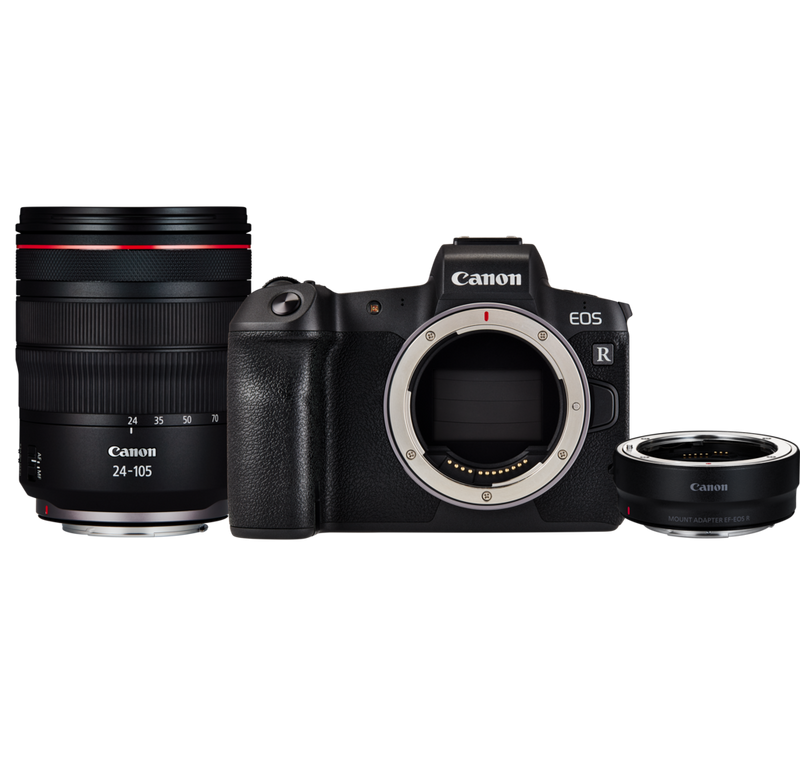 Canon EOS R Body + RF 24-105mm F4L IS USM Lens + Mount Adapter EF-EOS R Product Front View of the Kit Content