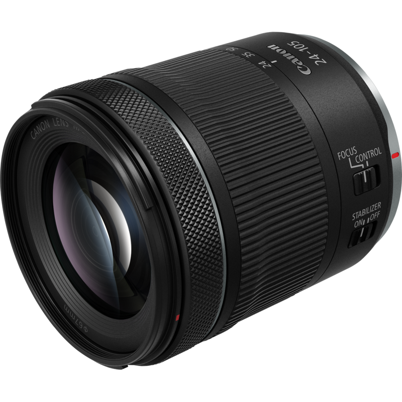 Boîtier Canon EOS R + objectif RF 24-105mm F4-7.1 IS STM Produits Vue diagonale de l'objectif