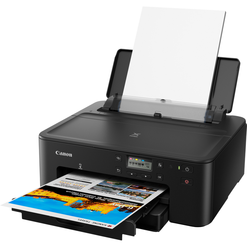 Canon PIXMA TS705 Inkjet Printer Product Front Slant View With Paper Tray Out And Paper Support
