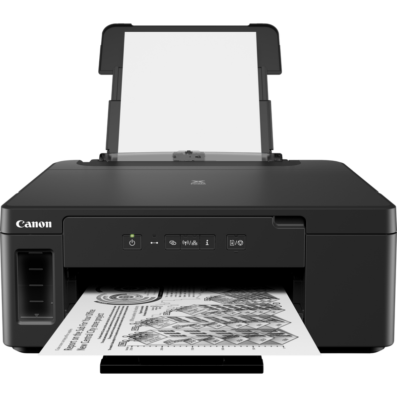Canon PIXMA GM2040 Mono Refillable MegaTank Printer Product Front View With Paper Tray Out And Paper Support