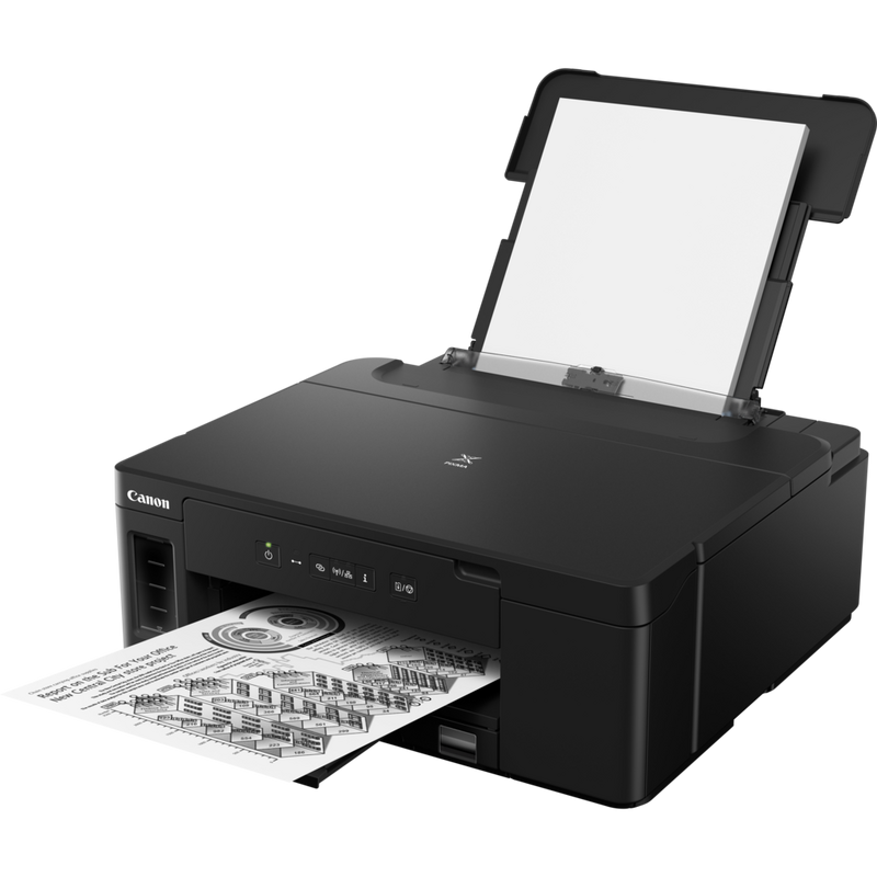Canon PIXMA GM2040 Mono Refillable MegaTank Printer Product Front Slant View With Paper Tray Out And Paper Support